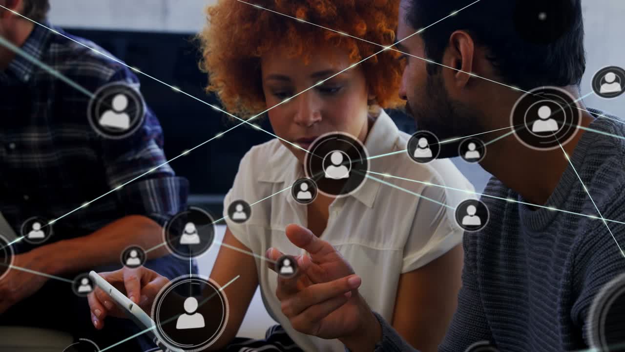 Animation of network of connections over diverse business people in office