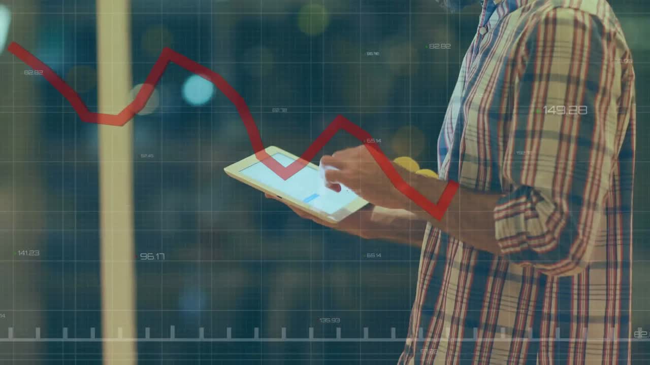 Animation of statistical data processing over thoughtful man using digital tablet at office