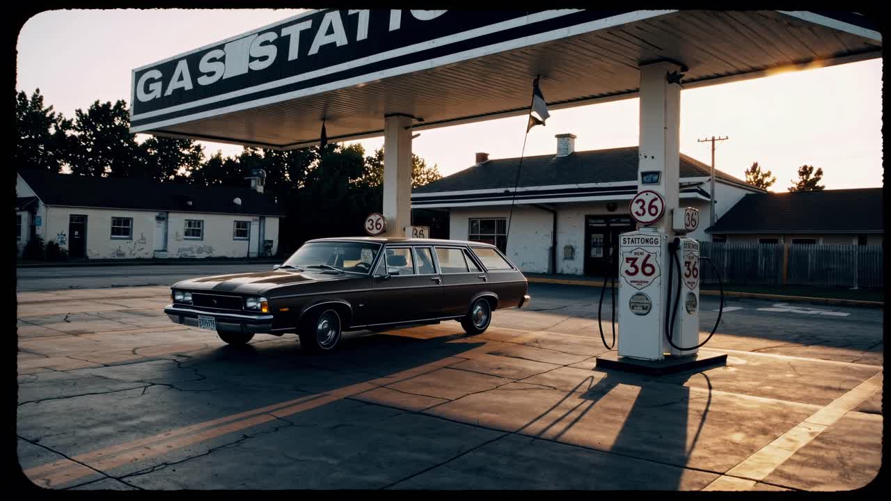 Vintage-style video frame of a classic car at a gas station, captured at a low angle during sunset