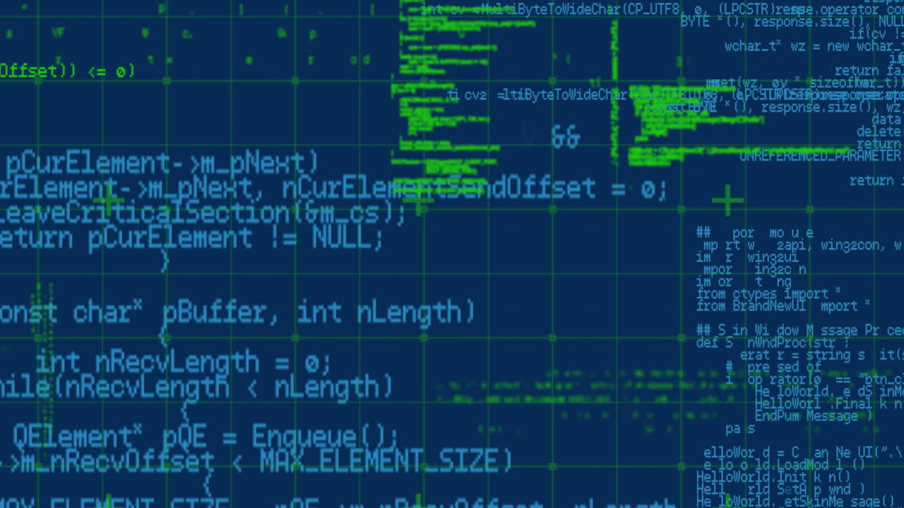 파란색 배경에 있는 그리드 위의 데이터 처리 애니메이션