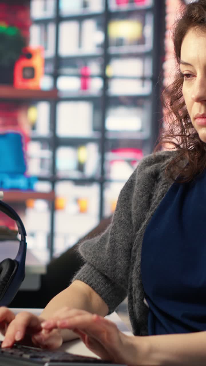 Vertical Video Software developer at agency office coding on her computer,