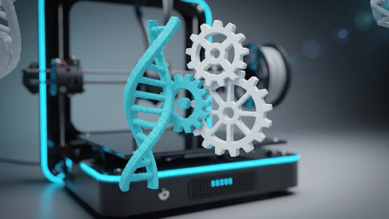A futuristic 3D printer in action, showcasing colorful geometric shapes, gears, and precise engineering, embodying advanced technology and innovation in manufacturing.