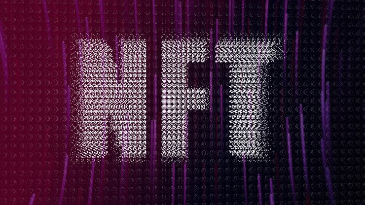 Digital pattern with NFT text on purple abstract background in animation style