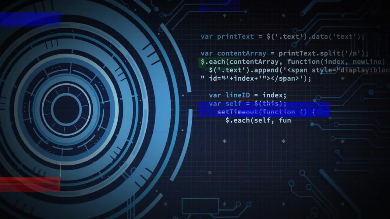 interfaz circular futurista y animación de procesamiento de datos sobre el fondo de la cuadrícula digital