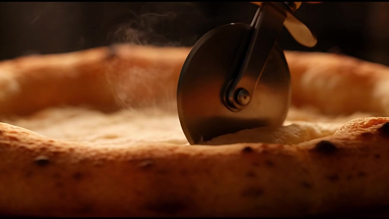 Primo piano di una rotella tagliapizza che taglia una pizza calda appena sfornata
