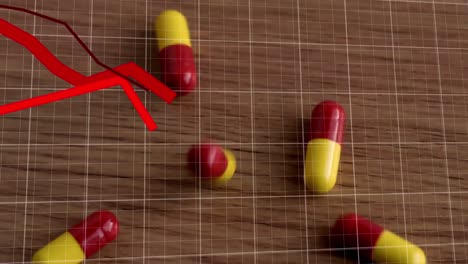 Animation-Schwebender-Diagramme-über-Fallenden-Roten-Und-Gelben-Pillen-Auf-Einem-Tisch