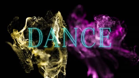 animation of dance text over yellow and pink shapes on black background