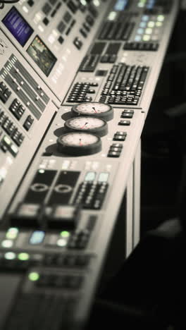 close-up of an industrial control panel with gauges and buttons