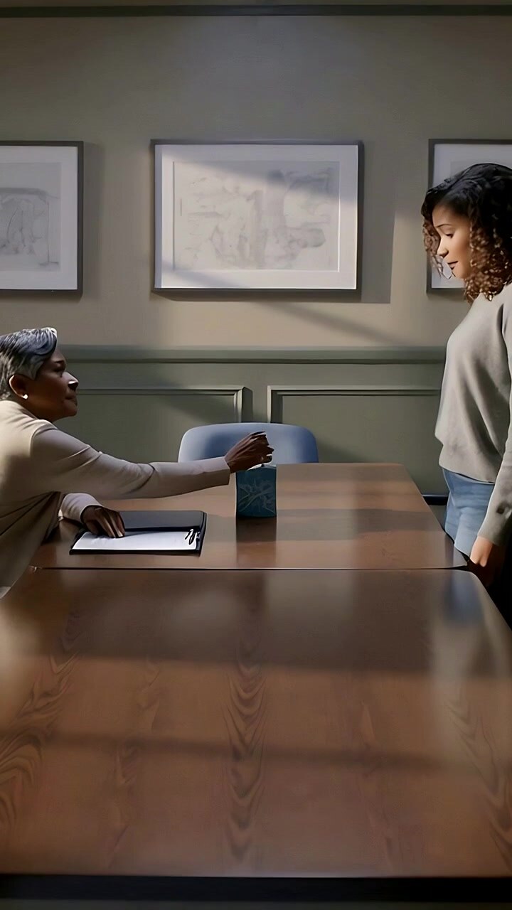 Vertical video: Entering woman in grey talking at table for help, seated giving tissue, copy space