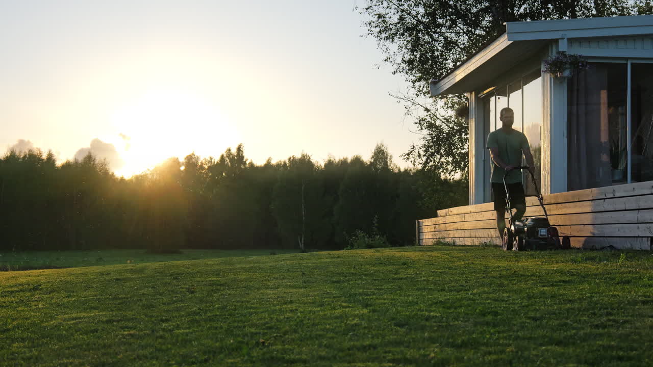 Man cutting lawn in a backlit sunset. Slow motion