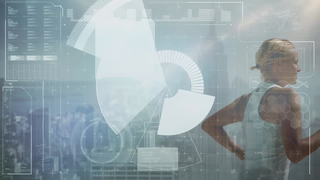 animación del procesamiento de datos sobre la mujer caucásica corriendo y el paisaje urbano