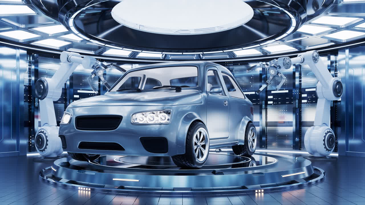 자동차 제조 및 기계적 팔, 3d 렌더링