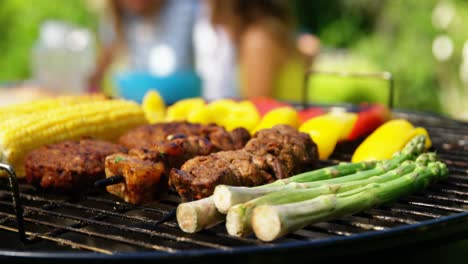 grilling meat and vegetables on barbecue