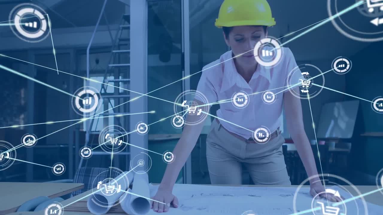 animación de una red de conexiones con iconos sobre una arquitecta caucásica