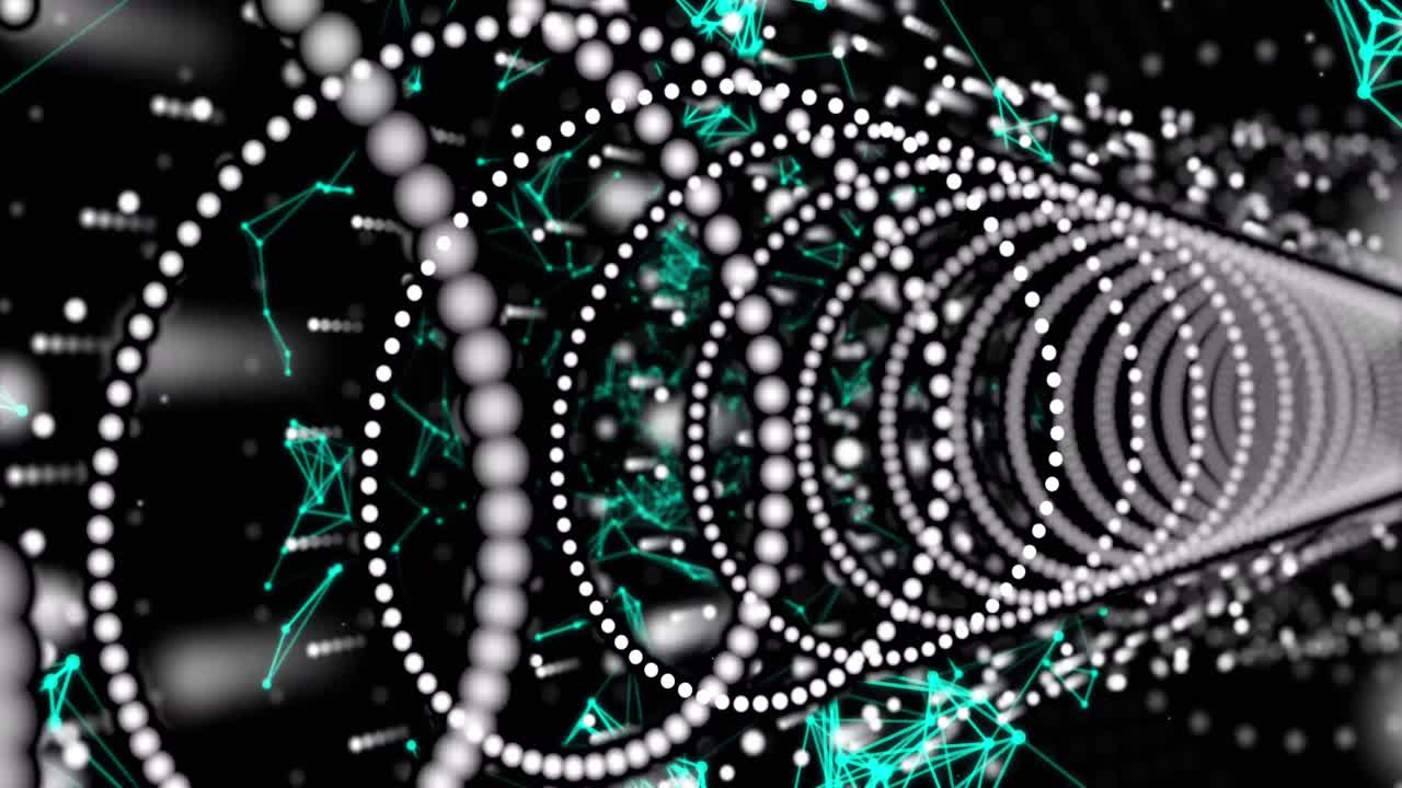 검은색 배경에  ⁇ 색 반점과 트레일의 애니메이션