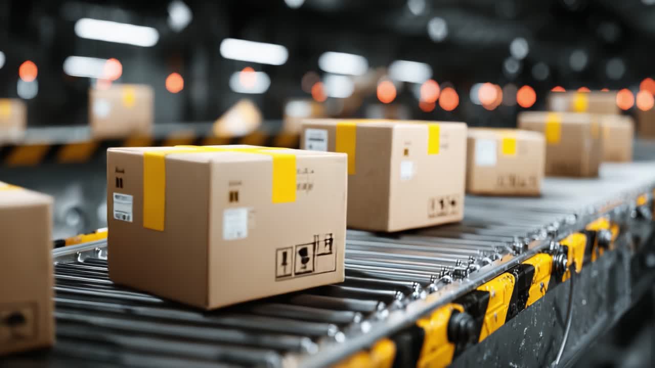 Efficient Sorting Process of Packages on a Conveyor Belt in a Modern Distribution Center Highlighting Automation and Logistics Innovation