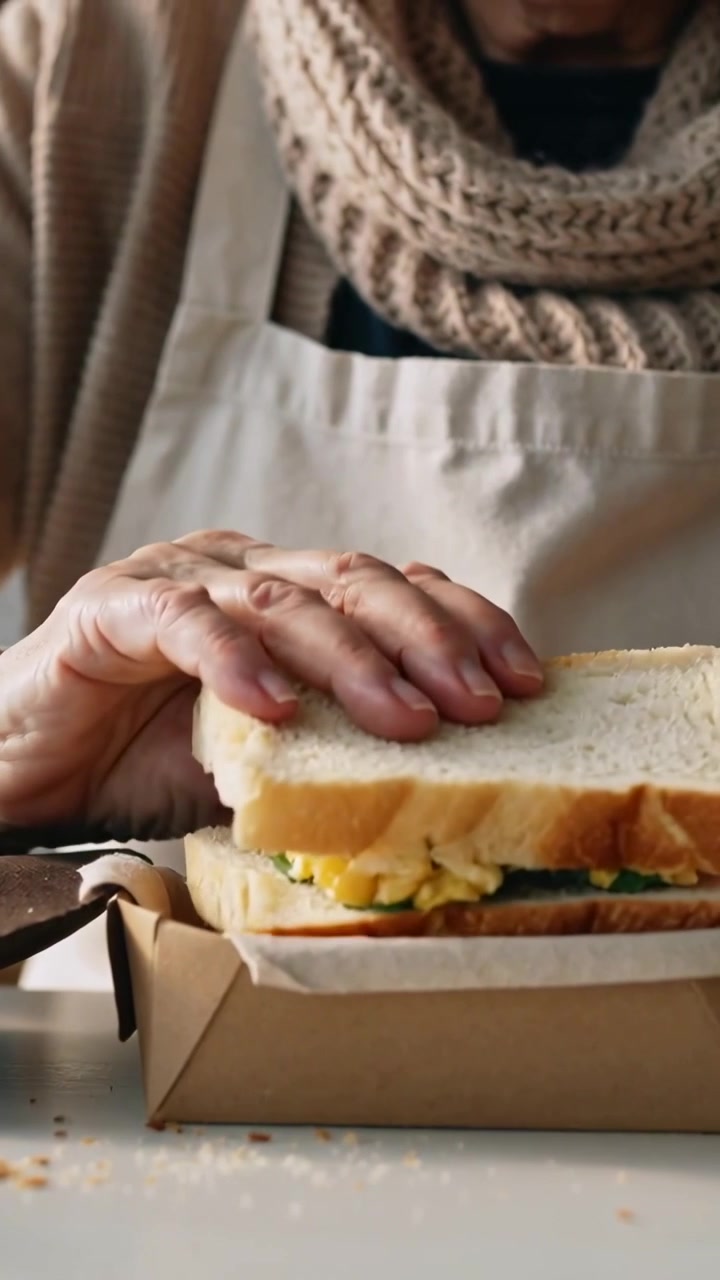 Vertical video: Placing top slice, cook hands packing sandwich into box, egg greens apron scarf