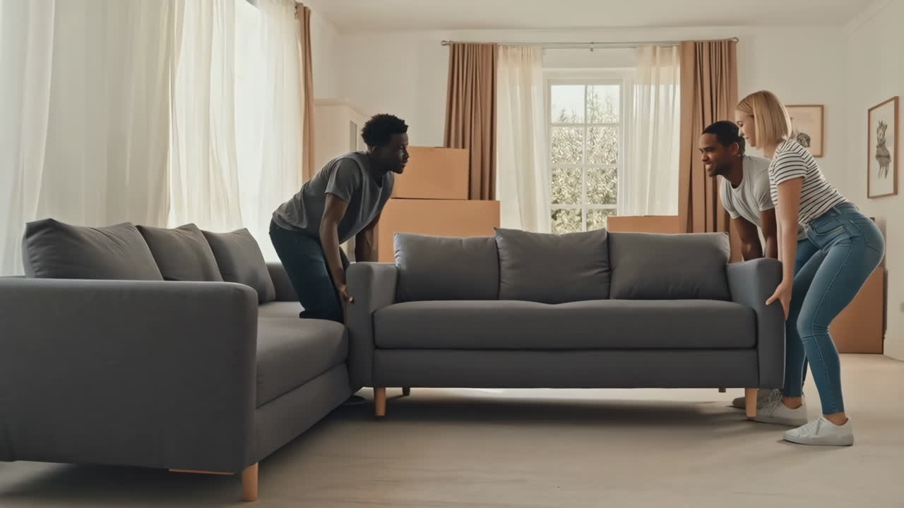 People moving a sofa into a new home