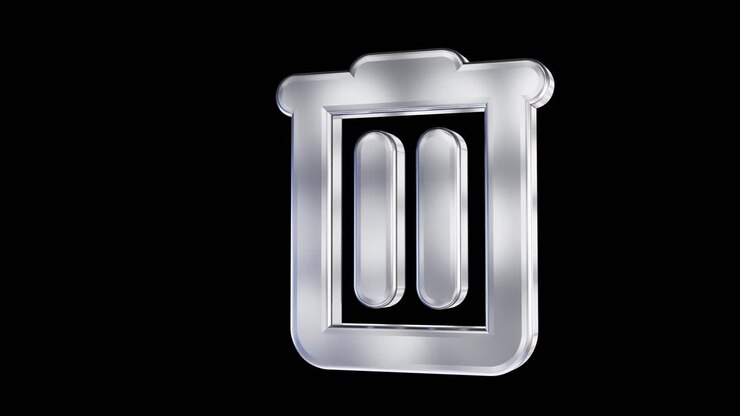 Rotating 3D Metallic Trash Can Icon on Black Background