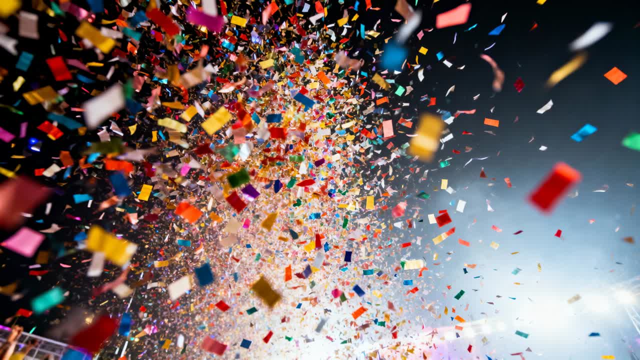 Esplosione di coriandoli multicolori che emergono dal basso a sinistra, riempiendo il cielo dello stadio sotto i riflettori.
