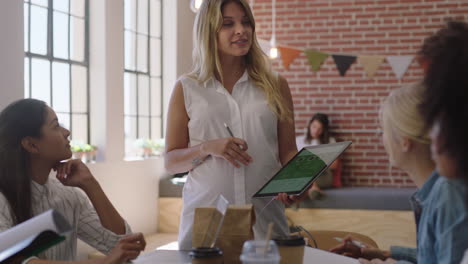 Multiethnische-Geschäftsfrauen-Treffen-Brainstorming-Teamleiterin-Und-Teilen-Kreative-Ideen-Für-Startup-Projekte-Mithilfe-Der-Tablet-Technologie-In-Der-Präsentation-Eines-Modernen-Büroarbeitsplatzes