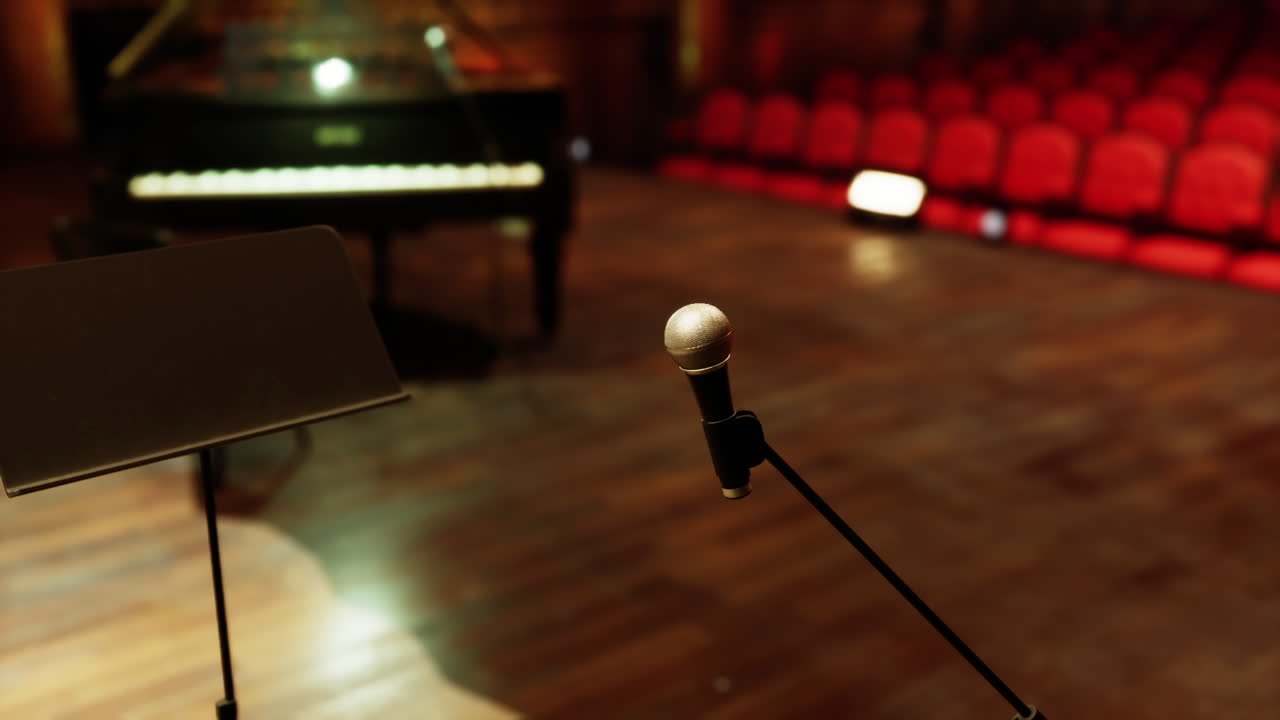 Old opera house stage with grand piano and microphone in an empty auditorium