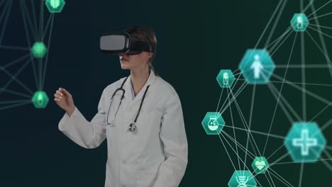 medical icons and network of connections with female doctor wearing vr headset