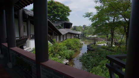 beautiful japanese garden with a lake from an asian construction