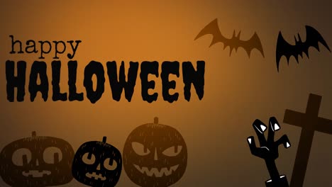 Animation-of-happy-halloween-text-over-bats-on-orange