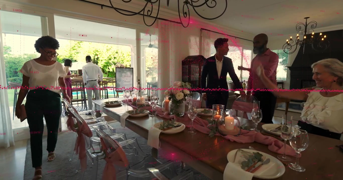 Friends entering via sliding doors, host guiding seating with chair icons animating for hospitality