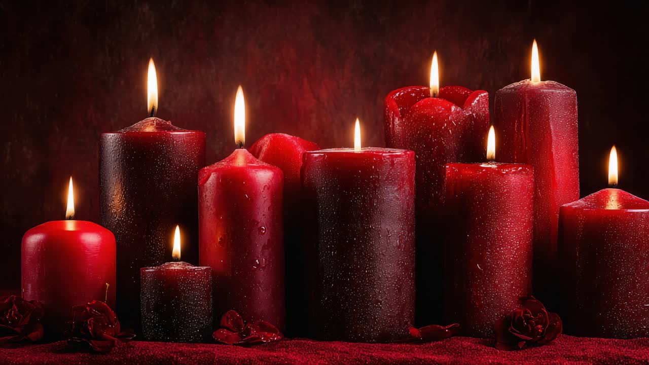 Una Splendida Composizione di Candele Rosse con Fiamme Scintillanti su uno Sfondo Scuro e Testurizzato, Che Crea un'Atmosfera Romantica e Accogliente per Qualsiasi Ambiente
