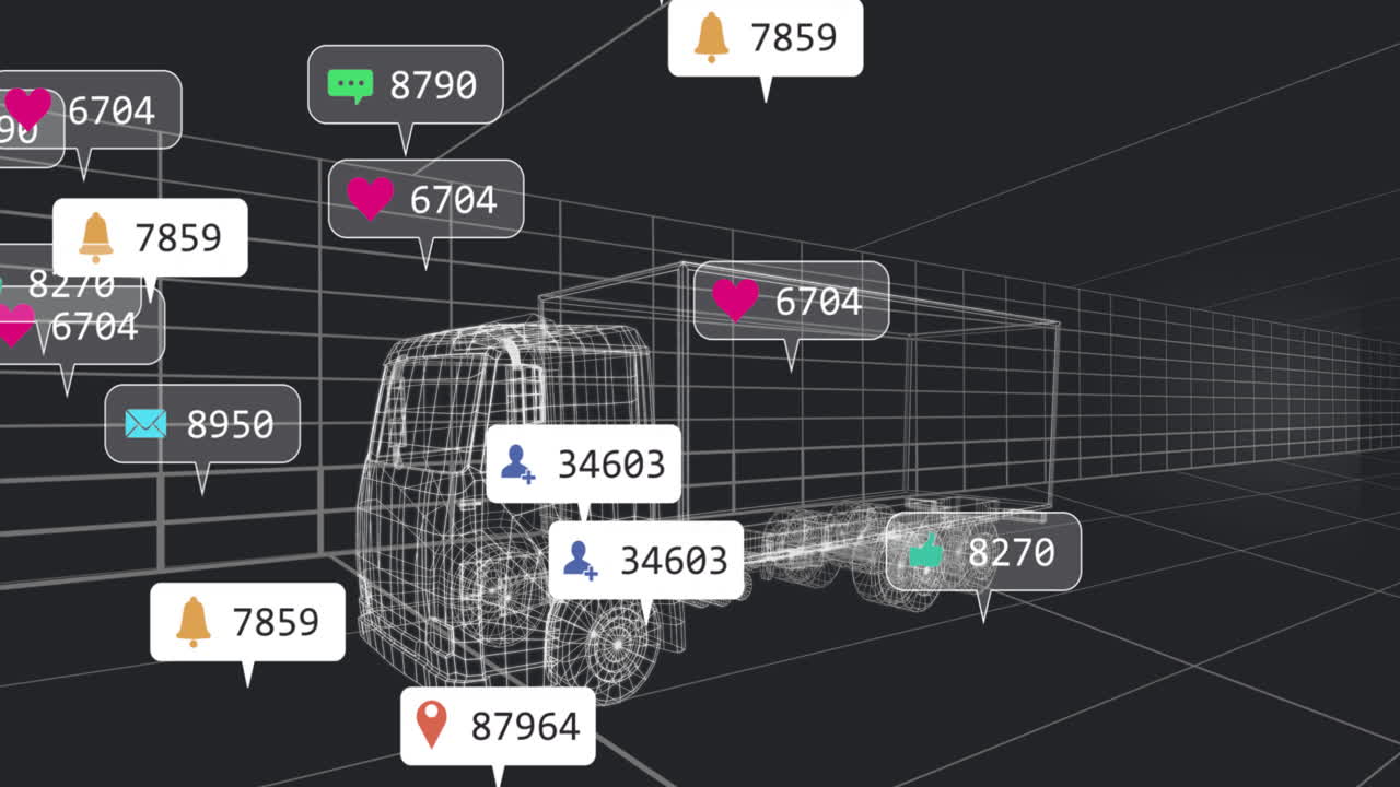Animation of wireframe truck with social media notifications floating around it