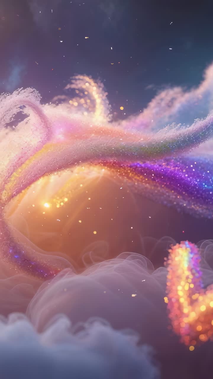 Vertical video: Glowing ribbon with drifting sparkles emerging from cloud layer under twilight sky