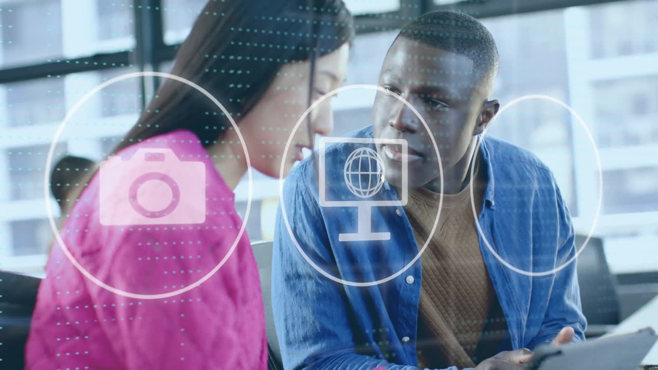 Animation of financial data processing over diverse businesspeople in office