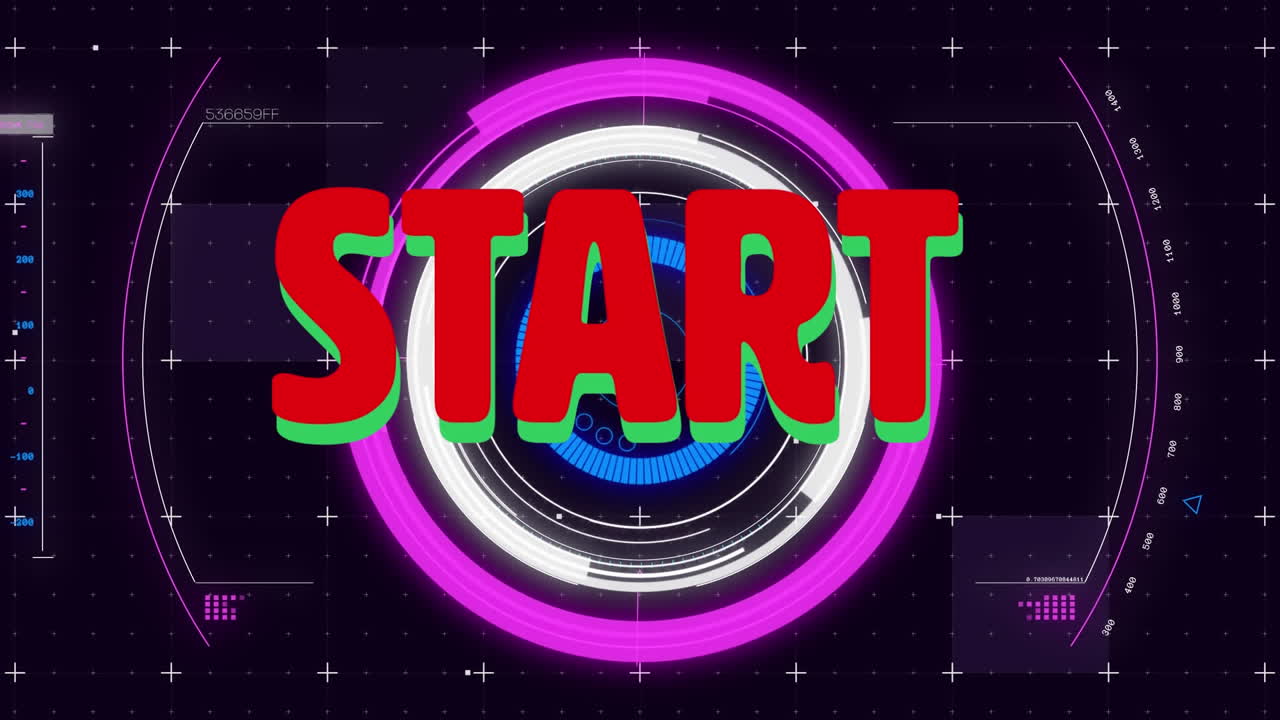 Digital animation of start text against neon round scanner and data processing on black background