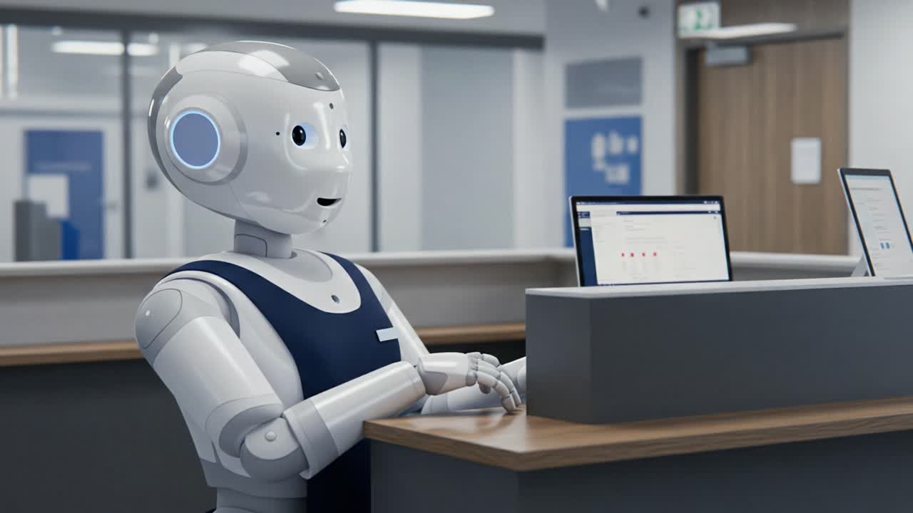 An Engaging Robotic Assistant in a Modern Office Environment, Seamlessly Interacting with Digital Interfaces to Enhance User Experience and Efficiency