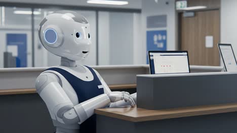 an engaging robotic assistant in a modern office environment, seamlessly interacting with digital interfaces to enhance user experience and efficiency