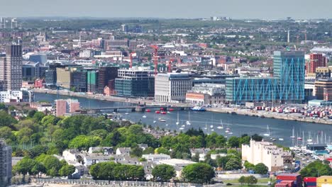 dublin docklands and north wall quay with commercial building on riverfront. drone aerial