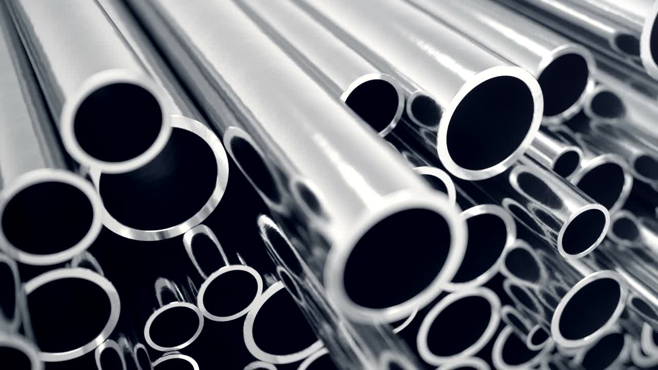 tubos metálicos apilados. montón de tubos de acero metálicos brillantes con efecto de enfoque selectivo.