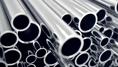 metal pipes stacked. heap of shiny metal steel pipes with selective focus effect.