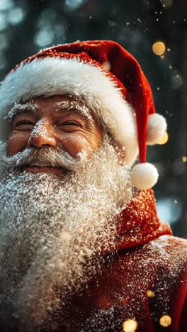 joyful santa claus celebrating winter with snowflakes and fairy lights