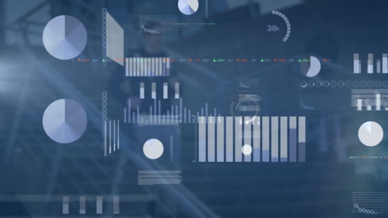 그래프, 거래 보드, 데이터 및 로딩 서클의 애니메이션 백인 남자가 계단을 고 있습니다.