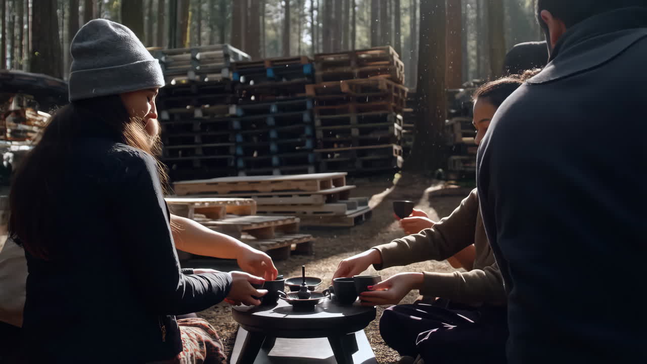 Friends Enjoying an Outdoor Tea Ceremony in a Sunny Forest with Stacked Pallets