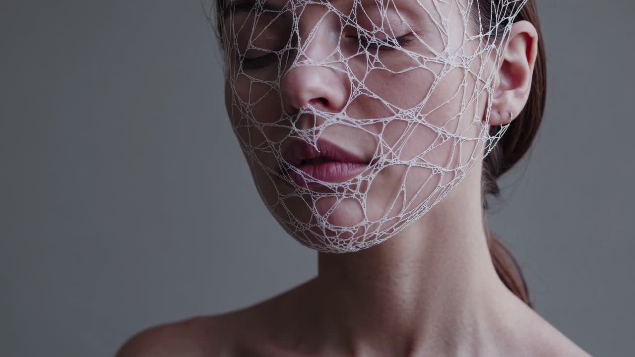 Young woman wearing delicate white net veil over closed eyes, creating enigmatic atmosphere with soft, ethereal beauty and contemplative expression against minimalist background