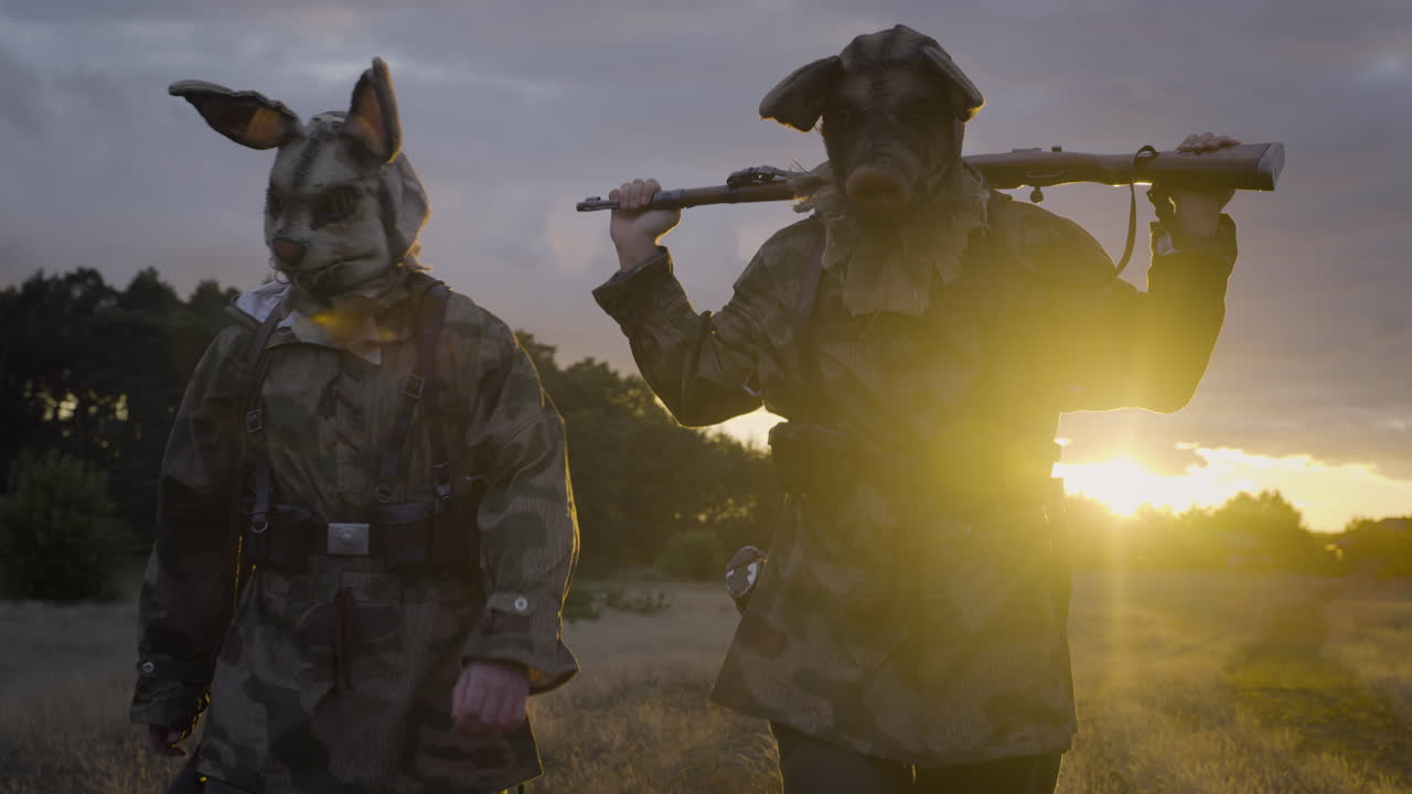 Soldiers with Animal Masks at Sunset