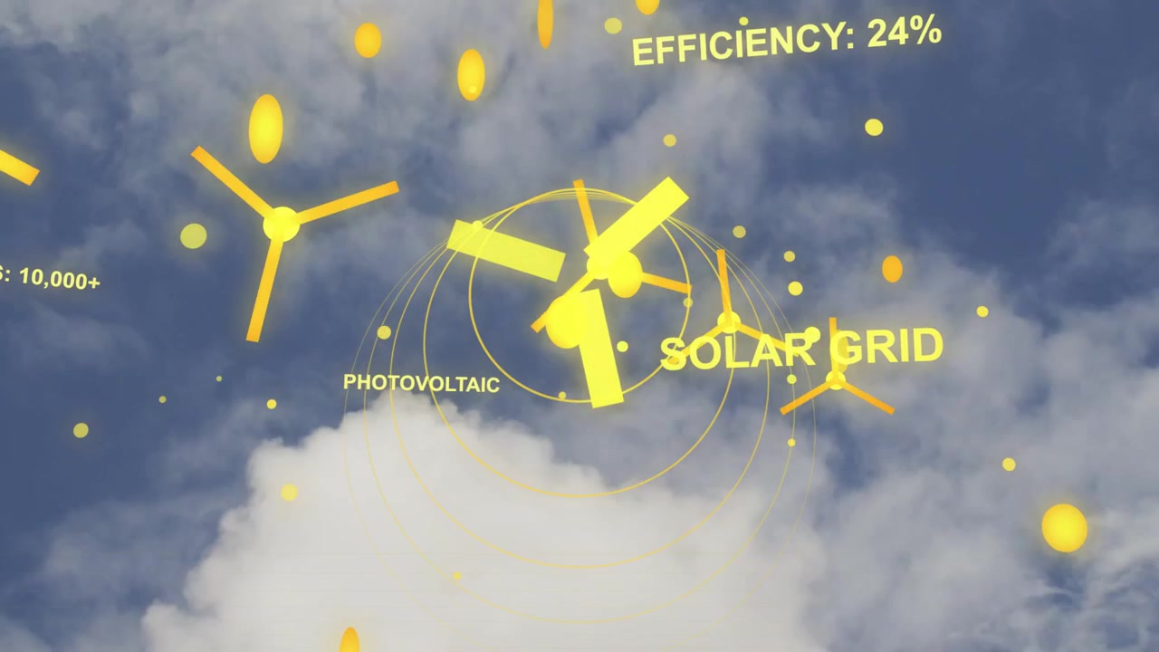 Sol-HUD animeres over skyer, danner rotor, ringe mens skyer driver, viser solcelleeffektivitet