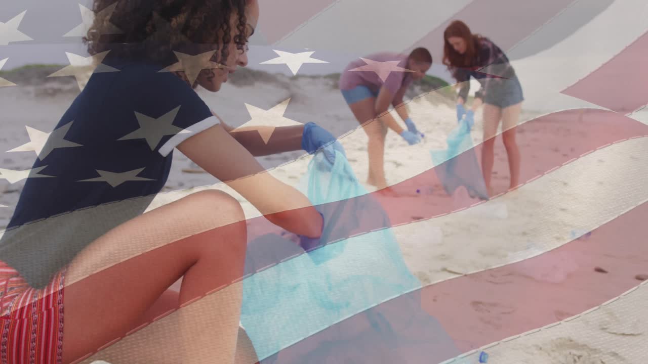 animación de la bandera de los estados unidos de américa sobre personas reciclando en la playa