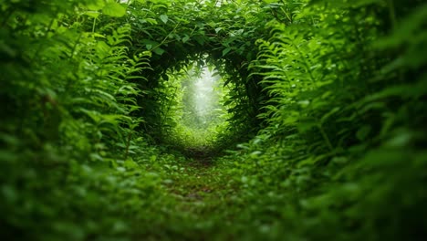 a lush green tunnel surrounded by dense foliage leads into a mysterious, foggy forest clearing, inviting exploration and adventure in nature's embrace