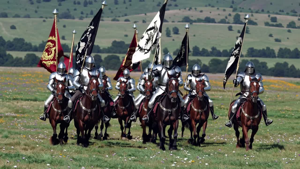 Medieval knights on horseback charge across a field, flags waving