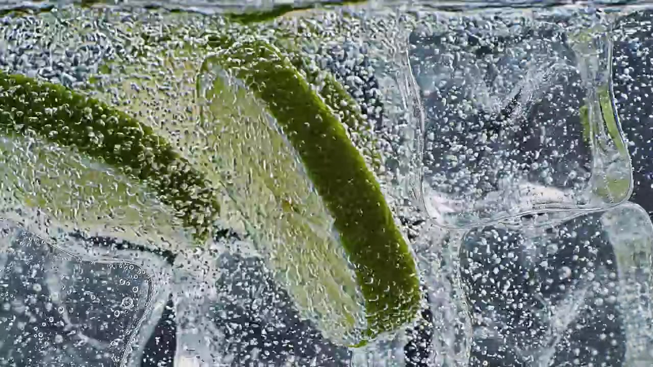 Fette di lime rinfrescanti e cubetti di ghiaccio in acqua gassata.